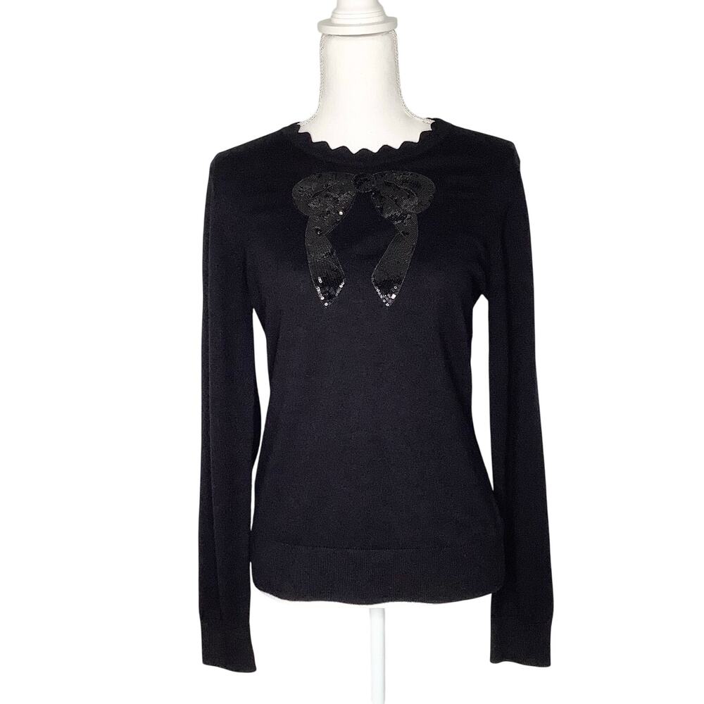 Brooks Brothers Black Sequin Bow Sweater Scalloped Neckline Medium